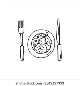 Healthy food plate, knife and fork. Linear doodle style. 