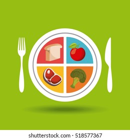 healthy food in plate and knife and fork over green background.healthy food for dieting design. vector illustration