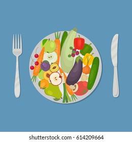 Healthy food. Plate with vegetables and fruits on a blue background. There are carrots, cucumber, tomato, eggplant, zucchini, apple, pear, cherries and other products in the picture. Vector image.