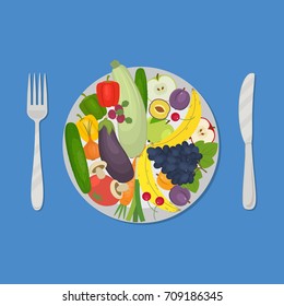 Healthy food. Plate with vegetables and fruits on a blue background. There are carrot, cucumber, tomato, eggplant, zucchini, apple, grapes, cherries and other products in the picture. Vector image.