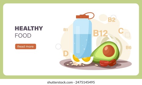 Healthy food poster. Avocado, slice of eggs and water in glass bottle. Proper nutrition and diet. Landing webpage design. Cartoon flat vector illustration isolated on green background