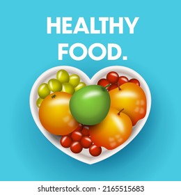 Healthy Food Poster Design With Glossy Realistic Fruits Over Heart Shape Plate On Blue Background.
