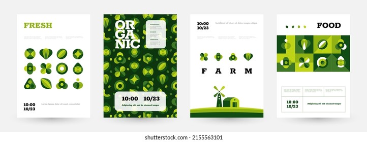 Healthy food poster. Farm market with organic products brochure, green restaurant menu cover. Vector vegetables presentation banner. Illustration of organic food healthy market