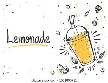 Healthy food poster. Hand drawn vector elements of smoothies, lemonade, fresh, juice, detox and fruits in sketch style.