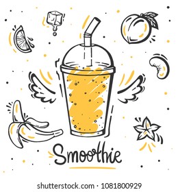 Healthy food poster. Hand drawn vector elements of smoothies, fresh, juice, detox and fruits in sketch style.