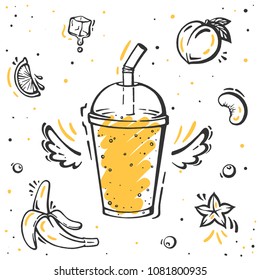 Healthy food poster. Hand drawn vector elements of smoothies, fresh, juice, detox and fruits in sketch style.