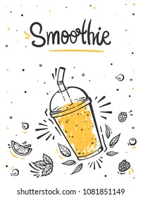 Healthy food poster. Hand drawn vector elements of smoothies, fresh, juice, detox and fruits in sketch style.