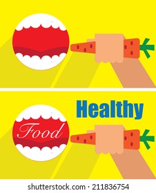 healthy food poster - open mouth and hand with carrots background
