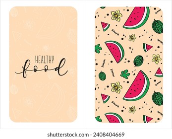 Healthy food poster and watermelon pattern, vector illustration