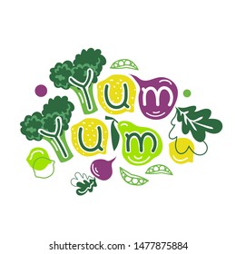 Healthy food poster. Yummy fresh fruits nd vegetables on white background. Lettering with broccoli, lemons, pear, beet and peas. Vegetarian nutrition.