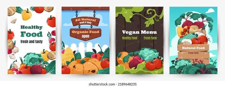 Healthy Food Posters. Banners Layout With Cartoon Detailed Vegetables, Organic Farm Food Brochure For Restaurant Menu. Vector Vegan Products Presentation Cover Set Of Banner Food Layout Illustration