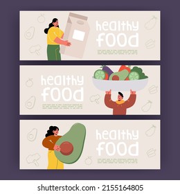 Healthy food posters with people holding big vegetables and milk box. Vector banners of diet and fresh organic products with flat illustration of men and women with salad in bowl and avocado