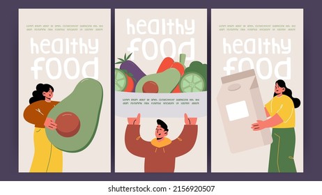 Healthy food posters with people holding big vegetables and milk box. Vector banners of diet and fresh organic products with flat illustration of men and women with salad in bowl and avocado