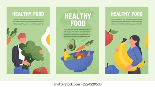 Healthy food posters set. Collection of graphic elements for website, infographics. Characters with natural and organic products. Cartoon flat vector illustrations isolated on beige background