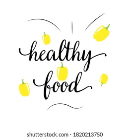healthy food print. vegetarian menu. Doodle style vegetables with text.