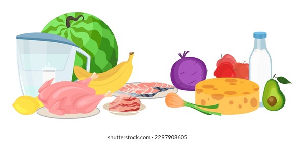 Healthy food product for breakfast, lunch or dinner preparation set. Ripe fresh fruits and vegetables, raw chicken an pork meat, sliced seafood, hard cheese head and filtered water, bottled milk