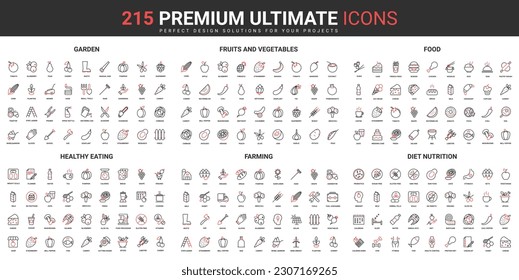 Healthy food product, farming and diet thin line red blac icons set vector illustration. Abstract symbols of garden fruits and vegetables, nutrition weight loss simple design mobile web apps