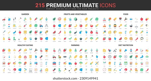 Healthy food product, farming and diet color flat icons set vector illustration. Abstract symbols of garden fruits and vegetables, nutrition for weight loss simple design for mobile and web apps