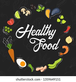 Healthy food product label.  Flat style frame with vegetables. Typography design. Vegan
