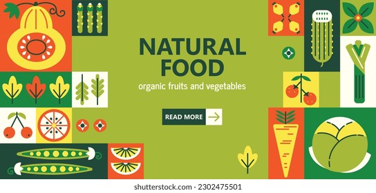 Healthy food products geometric mosaic. Organic fruits and vegetables, natural food banner template. Modern flat vector grid illustration. Bio ingredients, ecological carrot, cabbage and cucumber