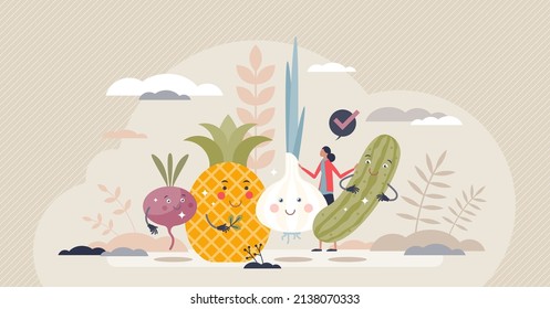 Healthy food products as happy vegetables with cute faces tiny person concept. Bio and ecological ingredients as good choice for daily meal vector illustration. Funny dieting scene with various fruits