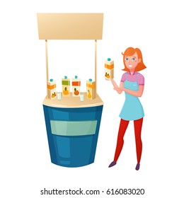 Healthy food promotion design concept with young girl standing near counter and offering tasting different juices vector illustration