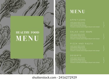 Gesunde Speisekarte im Restaurant. Vegetarisches Menü-Design mit veganischen Mahlzeiten. Flugschablone. Schnelles Essen, gesundes Essen, Flyer-Design, einfach, minimalistisch.