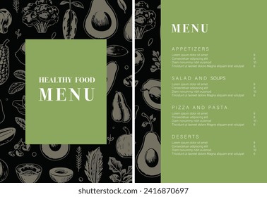 Menú de restaurante Healthy Food. Diseño de menús vegetarianos con comida vegana - verduras, aguacate. Plantilla de volante. Comida rápida, Comida saludable, Diseño de volante, Simple, Minimalista.