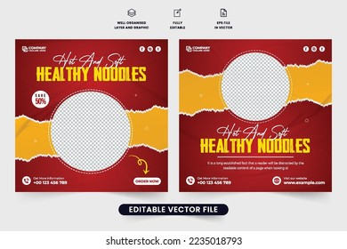 Healthy food restaurant promotion web banner design with abstract shapes. Food menu social media post vector on red backgrounds for digital marketing. Special food menu template design for business.