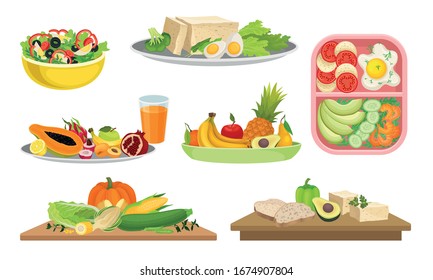 Healthy Food Rested on Cutting Board and Greengroceries Served on Plates Vector Set