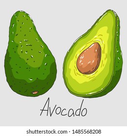 Healthy food. Ripe sliced green avocado. Isolated clipart set.