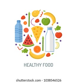 Healthy food round concept. Isolated on white background. Design element for website, graphic design and other. Vector illustration in flat design.