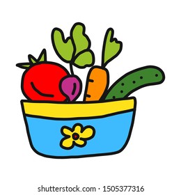 Healthy food with Salad ingredients. Vegetable set with plates in doodle style. Vector design illustartion.