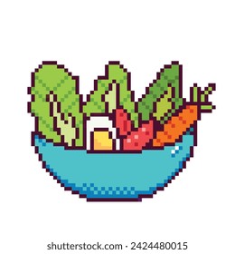 Healthy food salad vegetable bowl with boiled egg, tomato, lettuce, and carrot. Pixel bit retro game styled vector illustration drawing isolated on square white background.