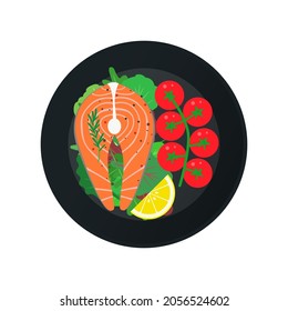 healthy food salmon steak cherry tomatoes branch green salad leaves on plate top view vector illustration