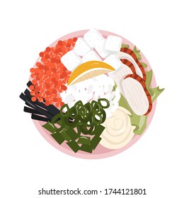 Healthy food. A healthy and satisfying poke bowl lunch made from rice, smoked eel, caviar, nori, tofu, lemon and cream cheese. Pleasant vector flat illustration of poke bowl in cartoon style.