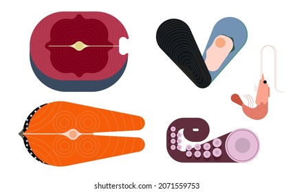 Healthy food with seafood. Grocery collection with tuna, salmon, mussels, shrimp, octopus leg. Flat vector illustration of food isolated on white background.