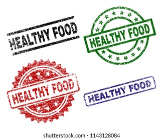 HEALTHY FOOD seal prints with corroded style. Black, green,red,blue vector rubber prints of HEALTHY FOOD title with corroded style. Rubber seals with round, rectangle, rosette shapes.