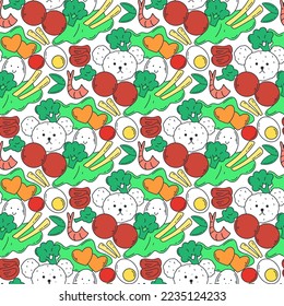 Patrón de alimentos saludables sin fisuras. Productos orgánicos de fondo. Papel de comida asiática. Planilla de alimentación para ilustraciones de vectores textiles, de embalaje, de papel y de diseño