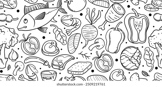 Comida saludable sin patrón. Ilustración en blanco y negro con una variedad de alimentos. Surtido de frutas, verduras, mariscos y productos lácteos.