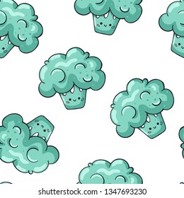 Healthy food seamless pattern. Doodle broccoli seamless pattern. Kawaii broccoli hand drawn vector character. Perfect for fabric and wrapping paper. 