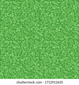 Healthy food seamless pattern. Drawings of vegetables, fruits, fish in doodle style. Green background. Design element for shops, background, fabric, textile, cafe, restaurant, packaging, sites