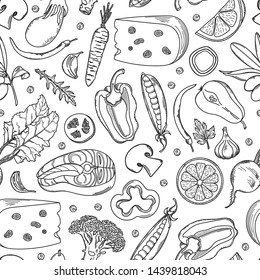 Healthy food seamless pattern. Fish, vegetables and fruits on white background. Hand drawn vector illustration.