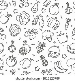 Patrón de alimentos saludables sin fisuras. Frutas, verduras, bayas y nueces iconos de la línea delgada: piña, manzana, aguacate, col, zanahoria, cereza, coco, uvas, tomate, brócoli. Ilustración vectorial.