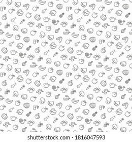 Healthy food seamless pattern. Fruits, vegetables, berries and nuts thin line icons: pineapple, apple, avocado, cabbage, carrot, cherry, coconut, grapes, tomato, broccoli. Vector illustration.