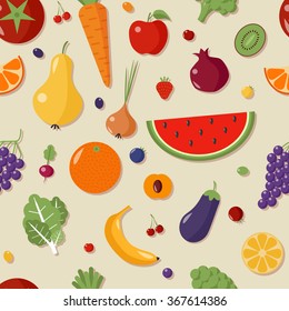 Healthy Food Seamless Pattern with Fruits and Vegetables in Flat Style in Vector