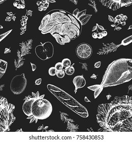 Healthy food seamless pattern. Hand drawn vector illustration. Background with vegetables, fruits and meat. Organic food set.