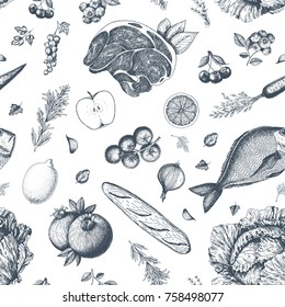 Healthy food seamless pattern. Hand drawn vector illustration. Background with vegetables, fruits and meat. Organic food set