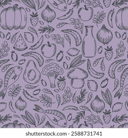 Healthy food seamless pattern. Illustration featuring a variety of food items. Assortment of fruits, vegetables, seafood, and dairy products.