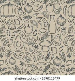 Healthy food seamless pattern. Illustration featuring a variety of food items. Assortment of fruits, vegetables, seafood, and dairy products.